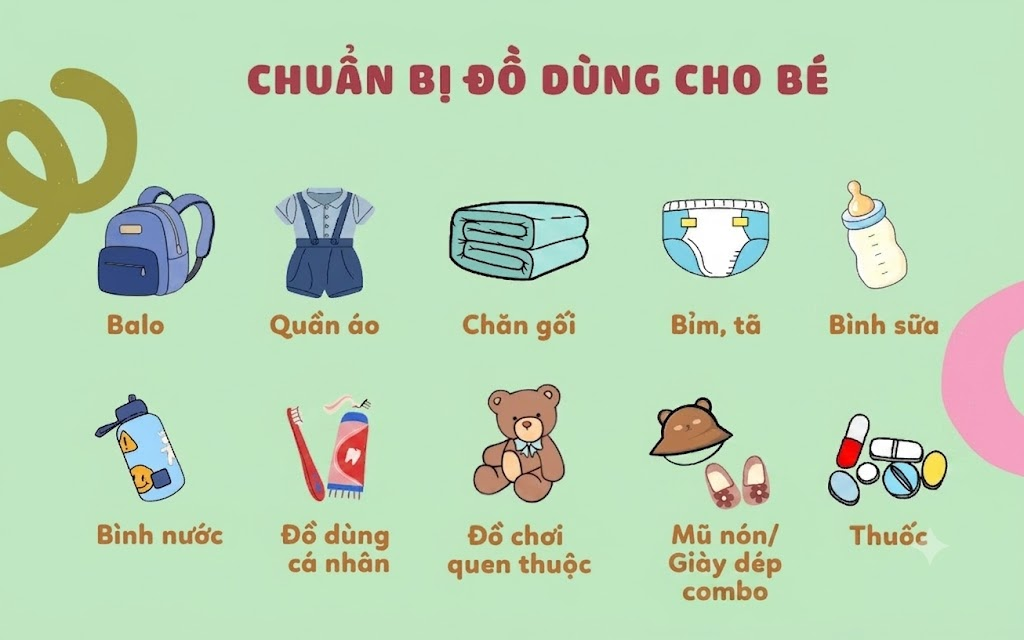 Bảng tổng hợp đồ dùng thiết yếu cho bé mầm non gồm balo, quần áo, bình nước, chăn gối và tã bỉm